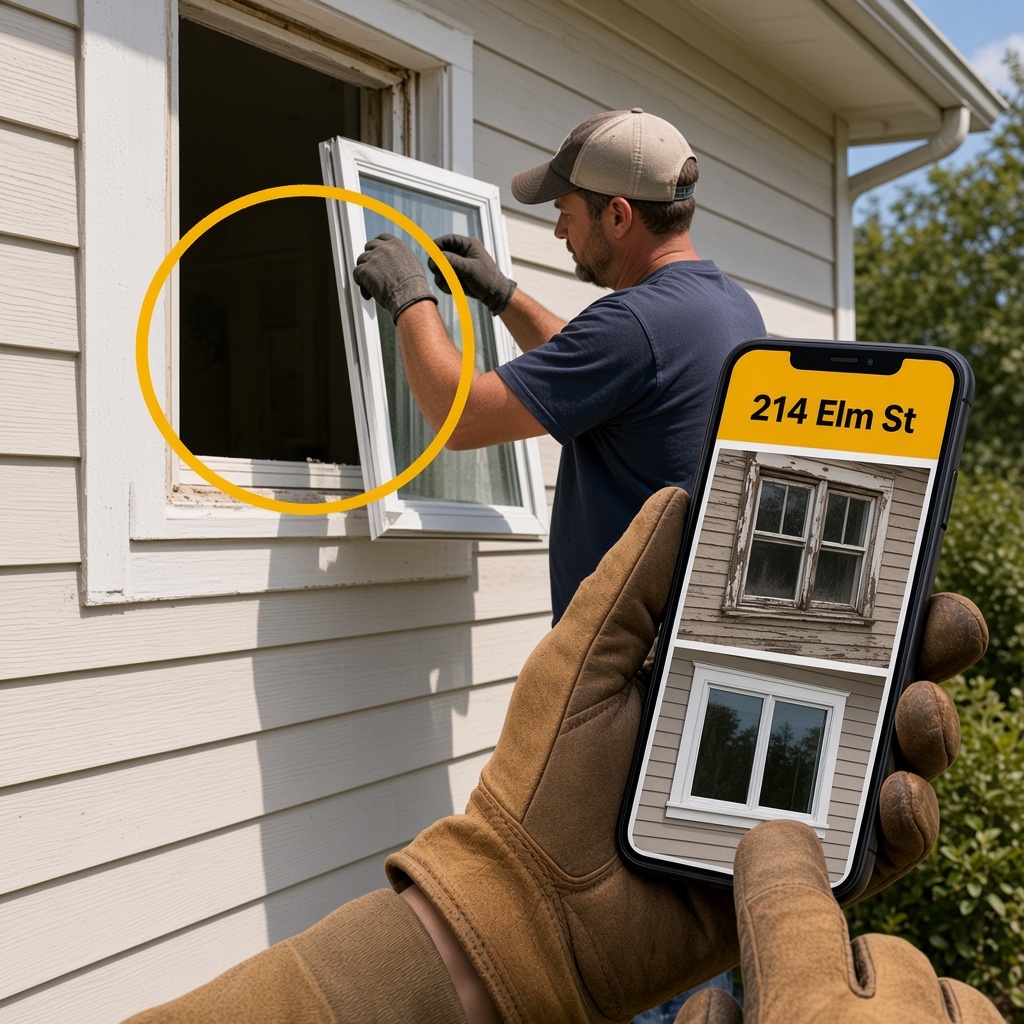 New windows on a home exterior while a phone shows the before and after for that address