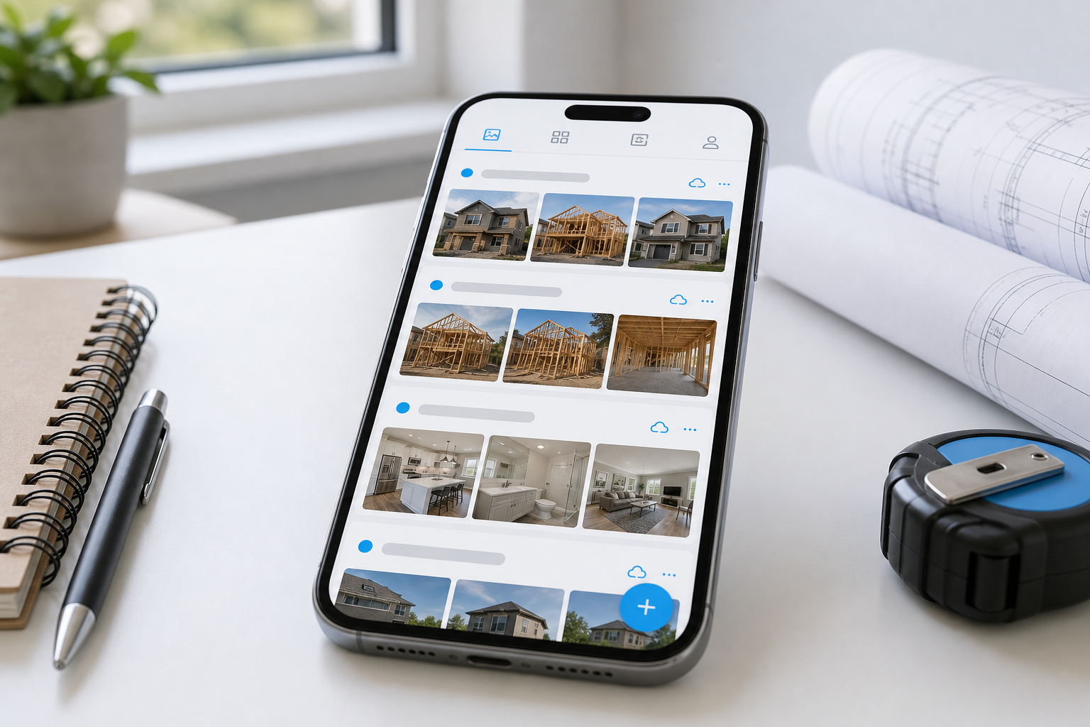 Phone showing a job album organized by client or place with project photos