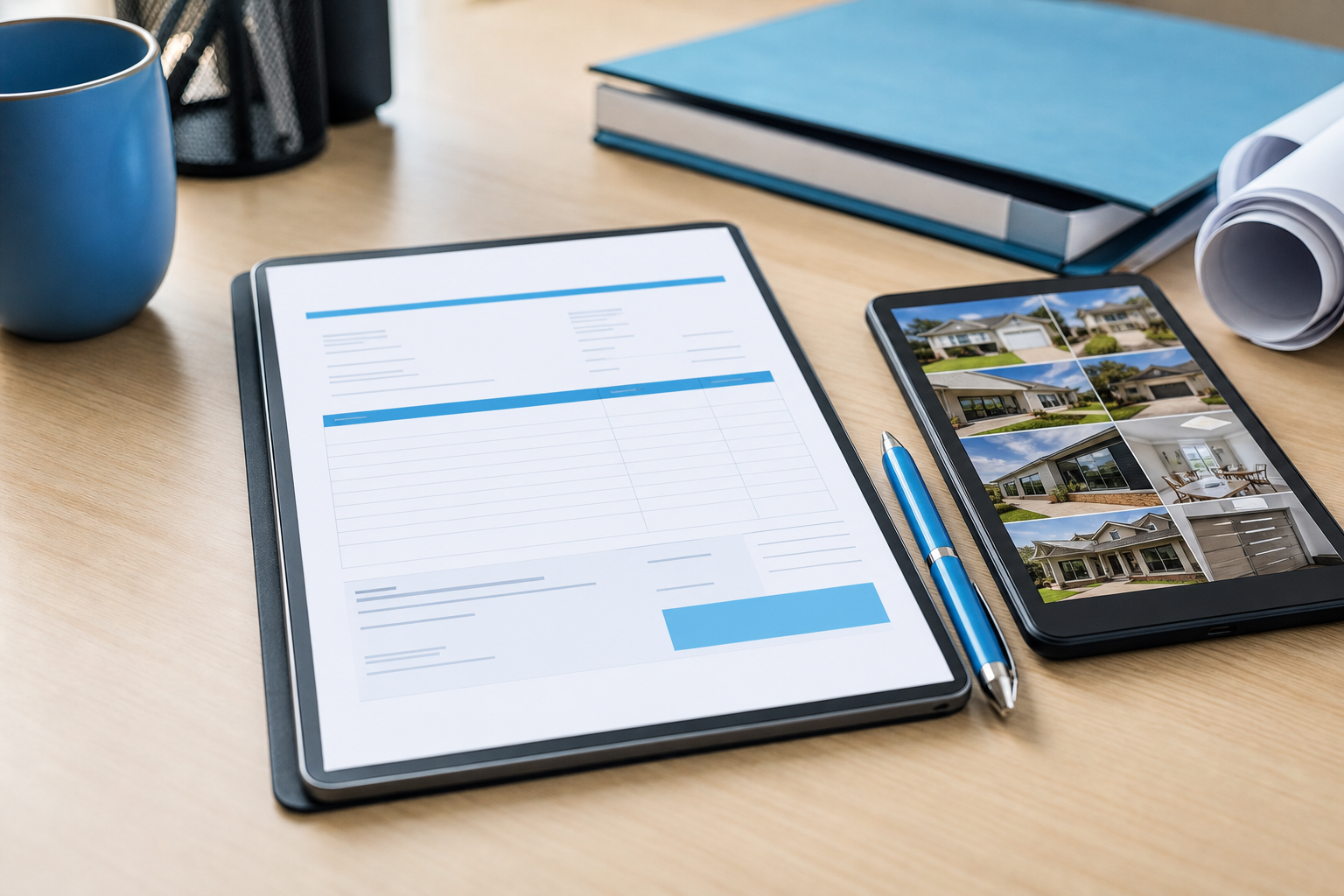 Estimate and invoice on a tablet next to a phone showing the matching job photo album